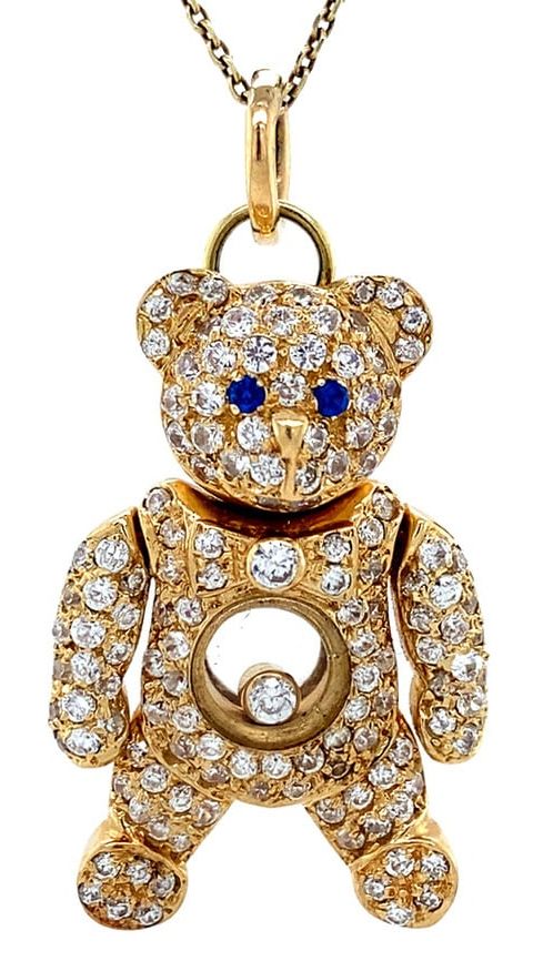 Vintage 14K Gold Bear Pendant with Cubic Zirconia and Colored Stone